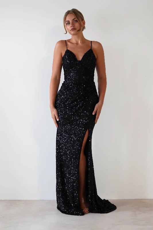 Halter neck party dress-Candyce Sequin Mermaid Gown | Black