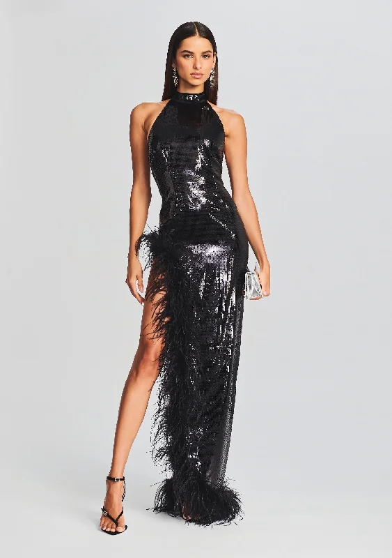 One-shoulder skater dress-Vixen Sequin Feather Dress