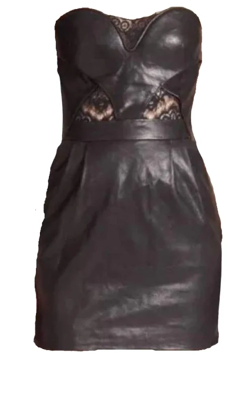 One-shoulder party dress-Black Leather Strapless Dress