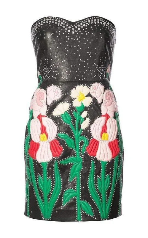 Lace skater dress-Leather Flower Intarsia Strapless Dress