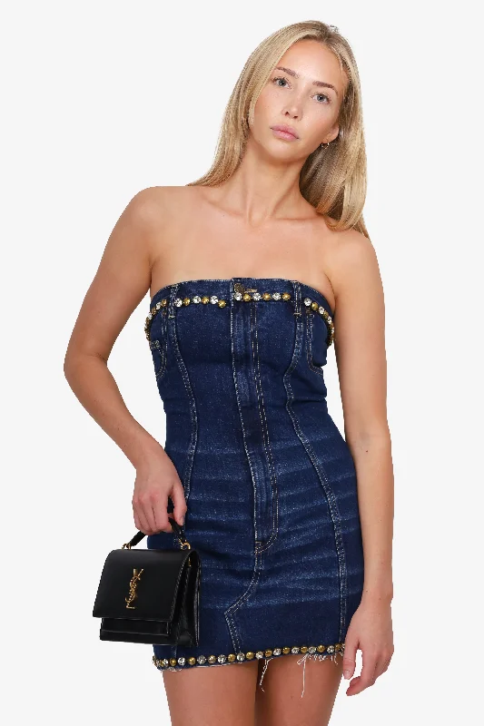 Corset party dress-Area Blue Denim Strapless Mini Dress With Crystal Embellishment Size 2