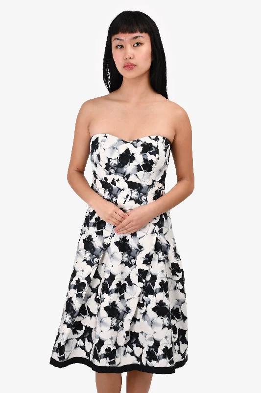 Tiered skater dress-Carolina Herrera Black/White Floral Printed Strapless Mini Dress Size 6