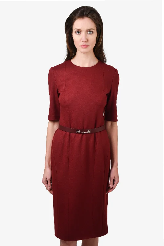 Ruched party dress-Gucci Burgundy Wool Blend Shift Dress with Leather Belt Size M