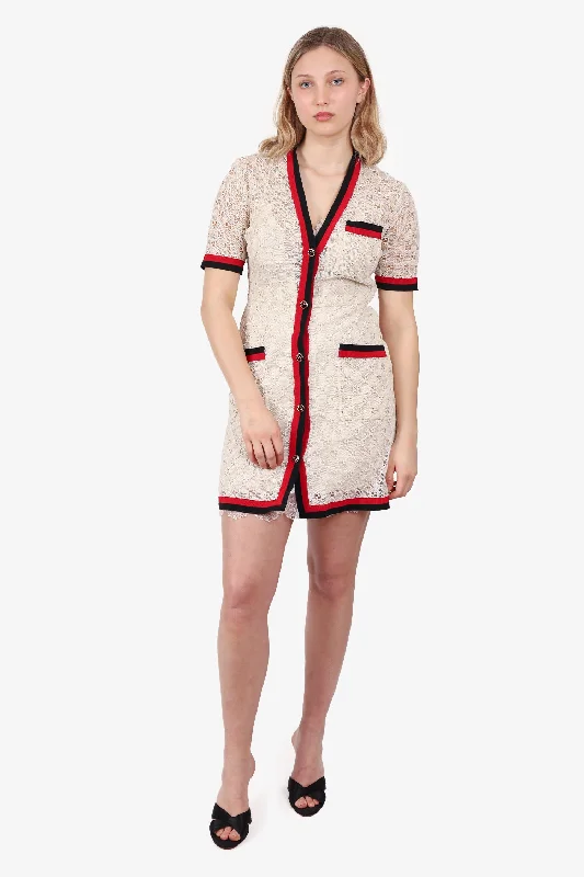 Tiered skater dress-Gucci Cream/Red GG Monogram Lac Striped Trim Dress with Slip Size 40