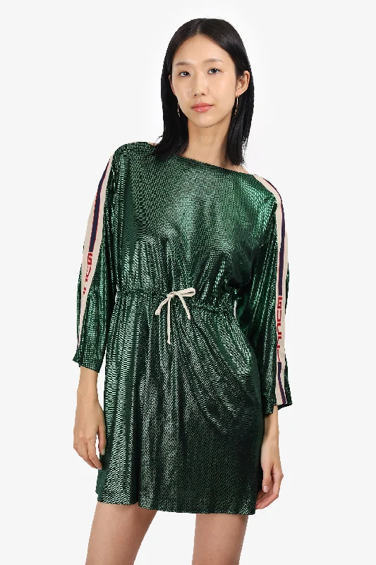 Lace skater dress-Gucci Green Metallic Sport Gucci Logo Drawstring Waist Mini Dress Size XXS