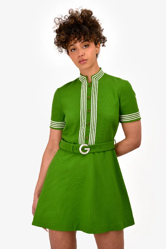 Velvet skater dress-Gucci Green Wool Collared G Belted A-Line Mini Dress Size 40