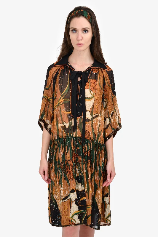 Wildflower boho dress-Gucci Orange/Green Silk Printed Tie-Up Dress with Twilly Size 42