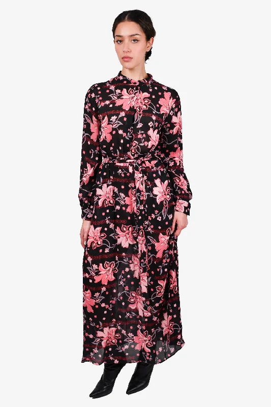 Glitter party dress-Gucci Pink/Black Sheer Floral Belted Maxi Dress Size 40