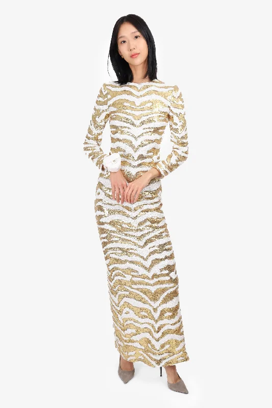 Fringe skater dress-Halpern Sequin Tiger Long Sleeve Gown Size S