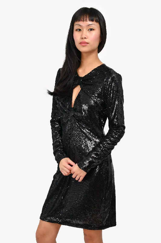 Glitter party dress-Halston Black Sequin Bow Detail Mini Dress Size 6