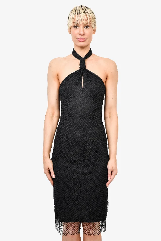 Long sleeve party dress-Helmut Lang Black Layered Mesh Halter Neck Dress Size XS