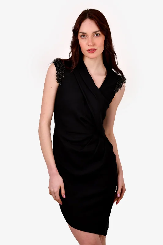 Strapless satin dress-Helmut Lang Black V-Neck Dress with Beaded Shoulder Size 6