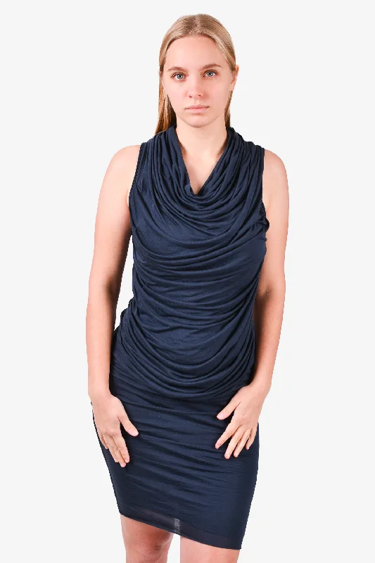 Chiffon tiered dress-Helmut Lang Blue Draped Bodycon Dress Size S