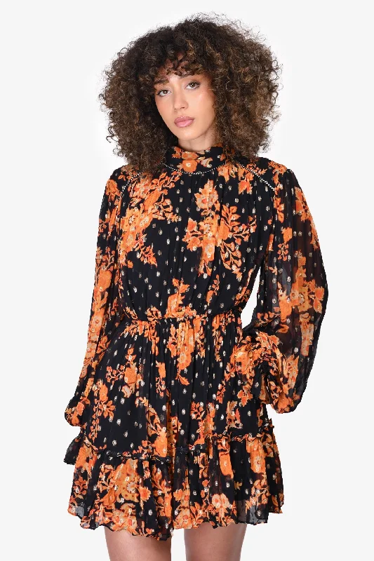 Halter neck party dress-Hemant & Nandita Black/Orange Floral Print Mock Neck 'Alia' Mini Dress Size M