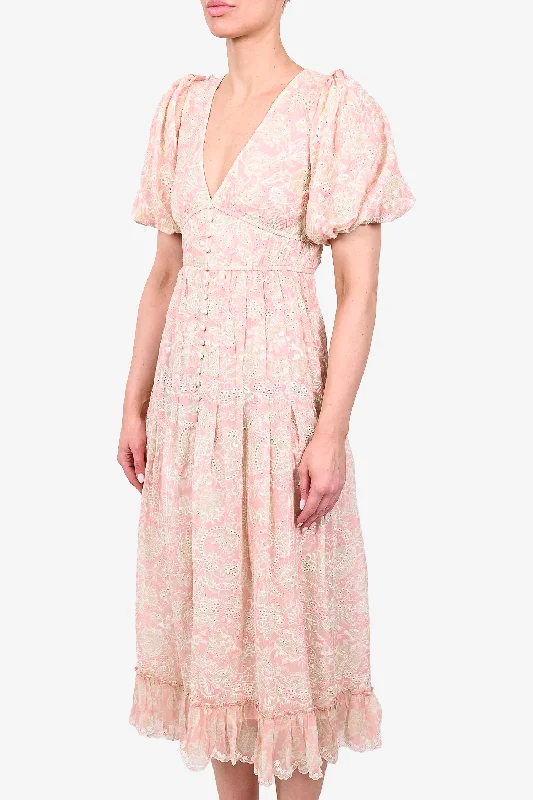 Velvet party dress-Hemant & Nandita Pink/Yellow Eyelet Detail Puff Sleeve 'Zahra' Maxi Dress Size XS