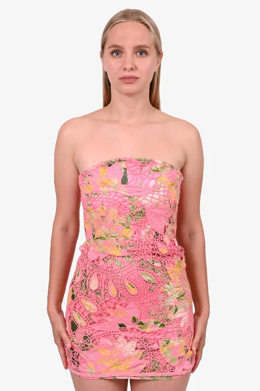 High-low party dress-Hemant & Nandita Pink/Yellow Floral Overlay Strapless Dress Size XS