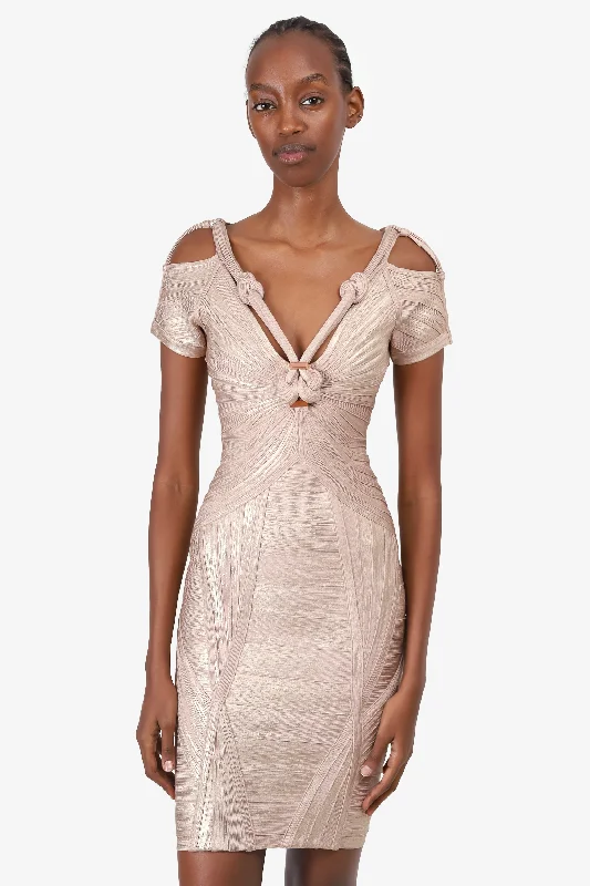 Fringe skater dress-Herve Leger Beige Metallic Bandage Bodycon Mini Dress Size X-Small