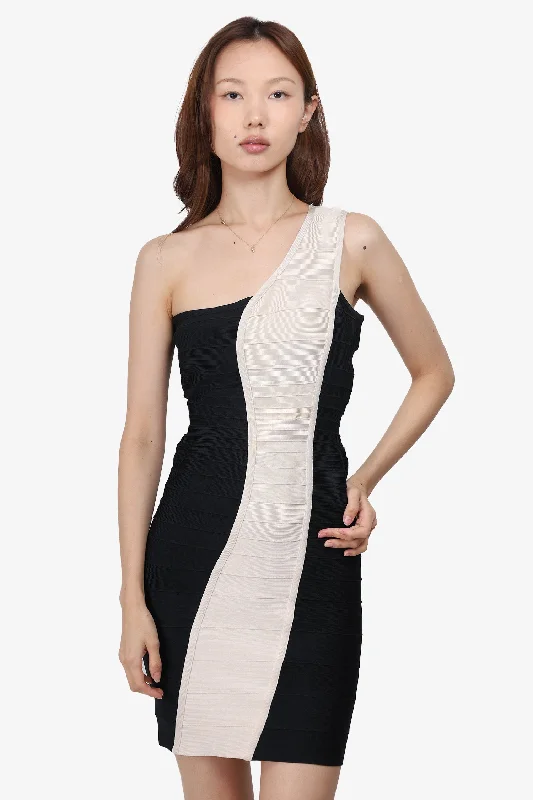 One-shoulder midi dress-Herve Leger Black/Cream One-Shoulder Bodycon Dress Size M