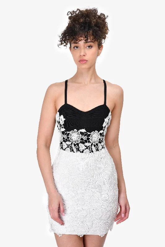 Off-shoulder tulle dress-Herve Leger Black/White Lace Overlay Bandage Mini Dress Size XS