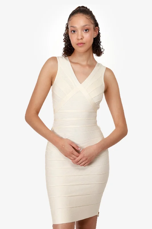 Pleated party dress-Herve Leger White Bandage Bodycon Midi Dress Size XS