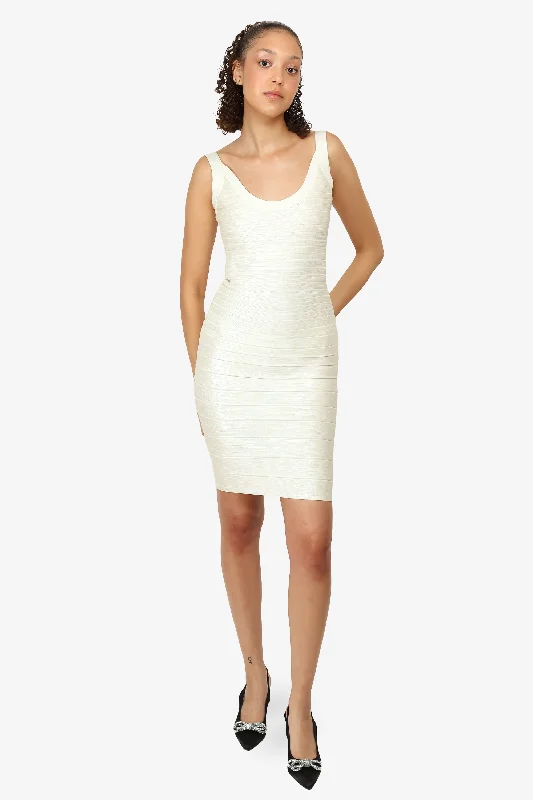 Smocked skater dress-Herve Leger White Metallic Bandage Bodycon Midi Dress Size XS