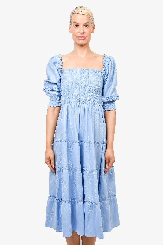 Long sleeve skater dress-Hill House Blue Shimmer Cotton Ruched 'Nesli Nap' Midi Dress Size S