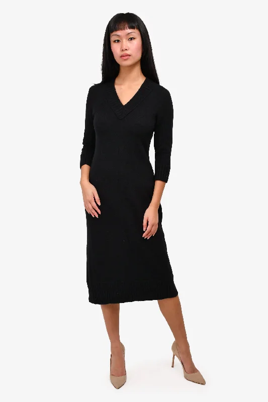 Short sleeve party dress-Holt Renfrew Vintage Black Cashmere V-Neck Midi Dress Size M