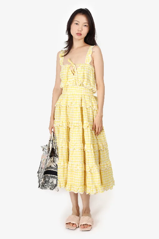 Lace skater dress-Innika Choo Yellow/White Floral Ruffle Midi Dress Size 0