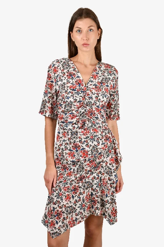 Satin party dress-Isabel Marant Beige/Red Floral Silk Blend Printed Midi Dress Size 40