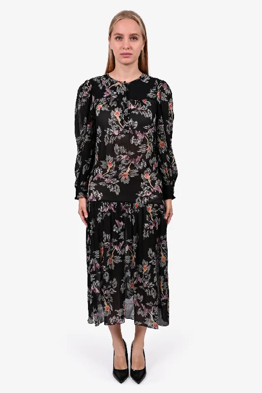 Pleated skater dress-Isabel Marant Etoile Black Floral Maxi Dress Size 38