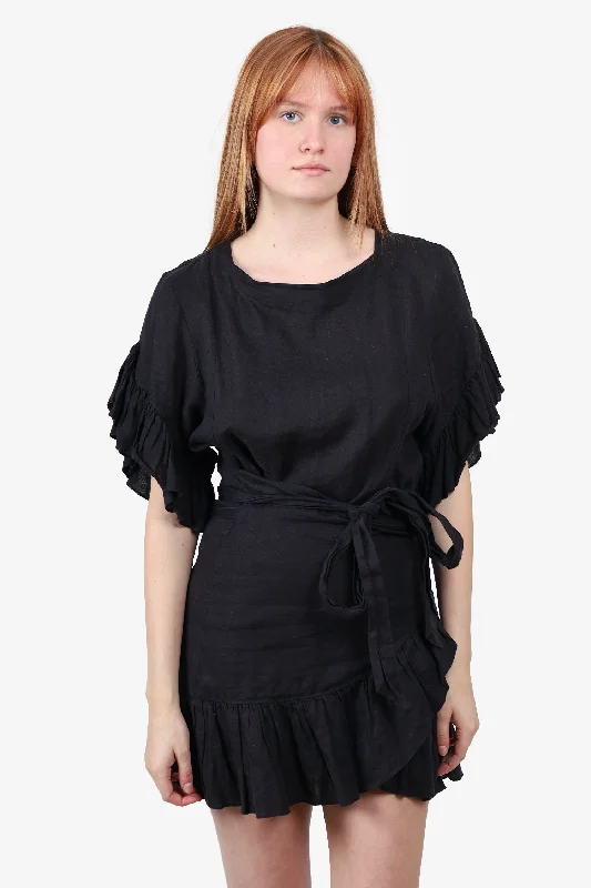 Corset satin dress-Isabel Marant Étoile Black Linen Ruffle Dress with Tie Waist size 42