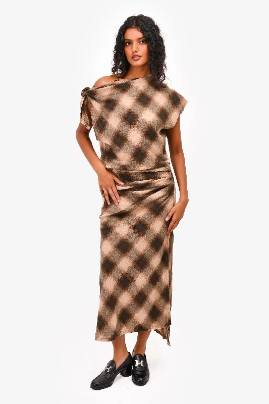 Pleated skater dress-Isabel Marant Etoile Brown Check One Tied Shoulder Midi Dress Size 38