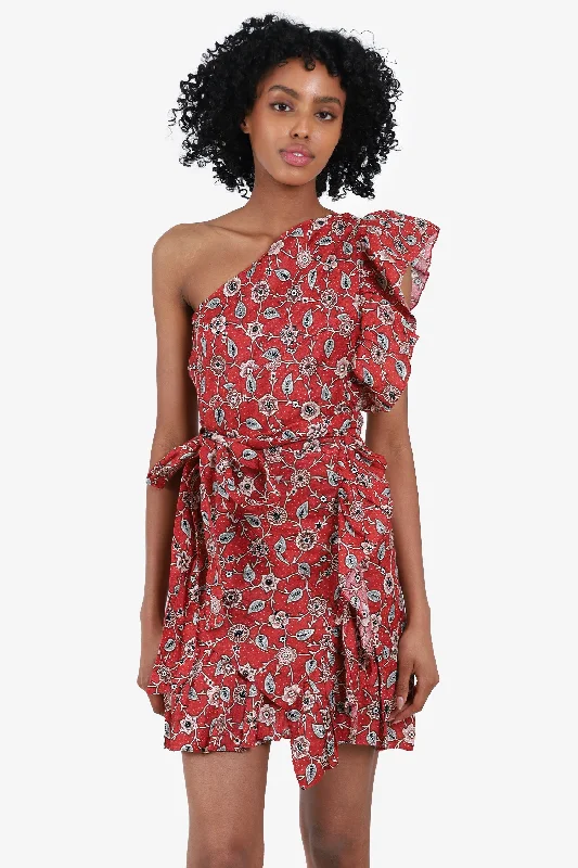 Jeweled prom dress-Isabel Marant Etoile Red/White Floral One-Shoulder Mini Dress Size 34