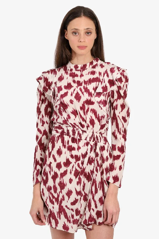 Satin party dress-Isabel Marant Etoile White/Burgundy Patterned Ruffled Long-Sleeve Dress size 38