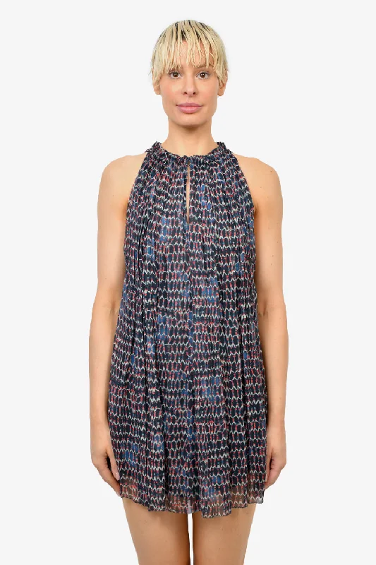 Ruffled party dress-Isabel Marant Navy Blue Silk Patterned Sleeveless Dress with Detachable Collar Size 38