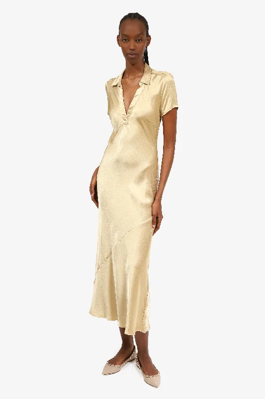 Halter neck party dress-J.Crew Gold Metallic Short Sleeve Maxi Dress Size 2