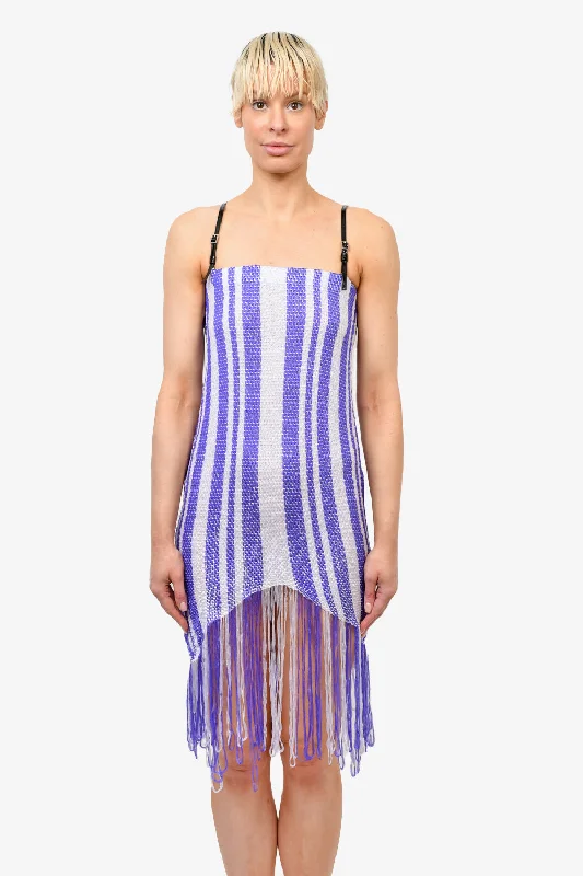 Green velvet dress-J.W. Anderson Purple/White Striped Fringe Dress with Leather Straps Size L