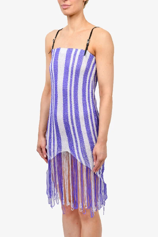 Yellow party dress-J.W. Anderson Purple/White Striped Fringe Dress with Leather Straps Size M