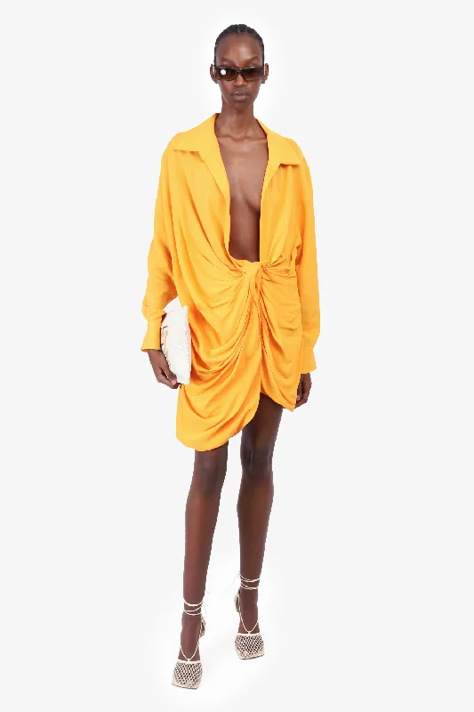 Lace-insert dress-Jacquemus Orange Draped 'Bahia' Long Sleeve Mini Dress Size 40