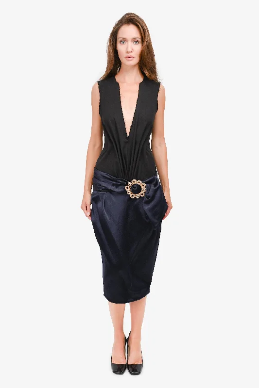 Corset party dress-Jacquemus Runway Black/Navy Blue Brooch Embellished Midi Dress Size 34