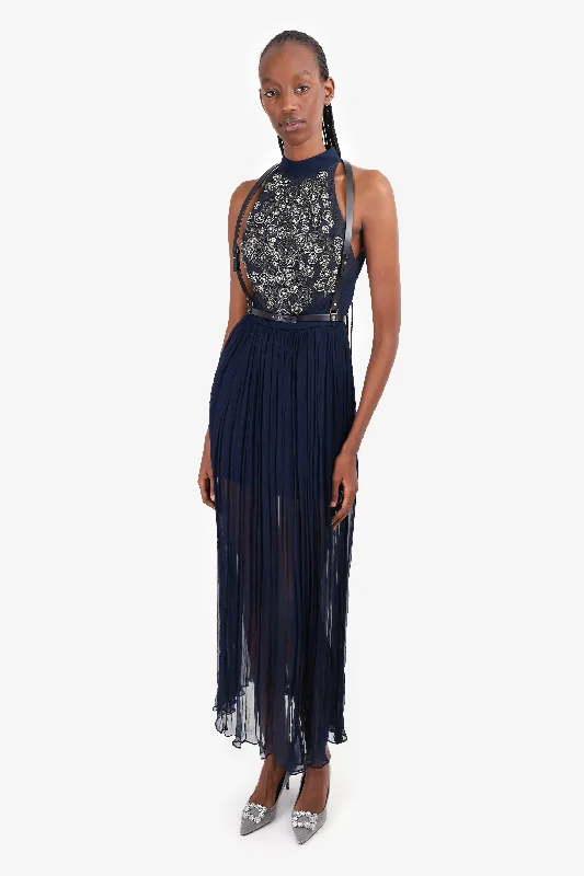 Ruched party dress-Jason Wu Navy Beaded Belted Maxi Dress Size 0