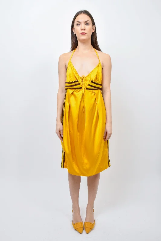 V-neck skater dress-Jean Paul Gaultier Yellow Silk Strappy Mini Dress with Brown Stripes Size 42