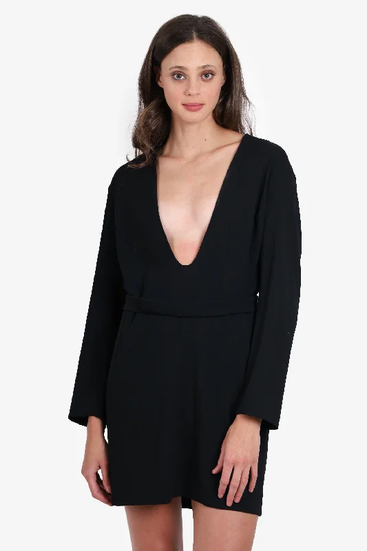 Pleated party dress-Jil Sander Black Wool Long Sleeve V Neck Short Dress Size 40