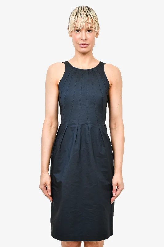 Corset tulle dress-Jil Sander Navy Blue Nylon Dart Front Sleeveless Dress Size 38