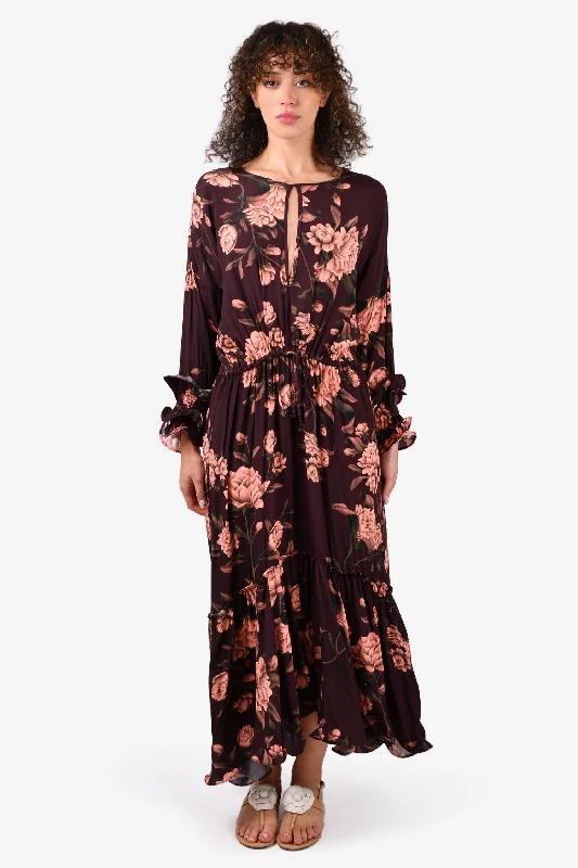 Lace skater dress-Johanna Ortiz x H&M Burgundy/Peach Floral Ruffle Maxi Dress Size S