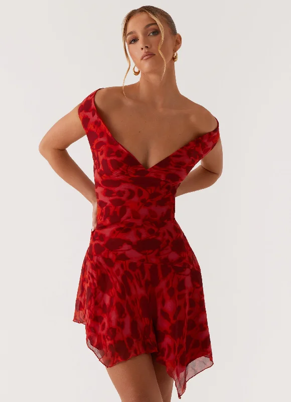 One-shoulder party dress-Alma Mini Dress - Deep Red Floral