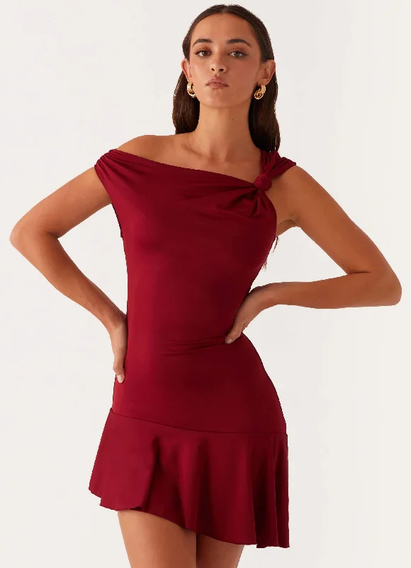 One-shoulder party dress-Amaya Twist Mini Dress - Maroon