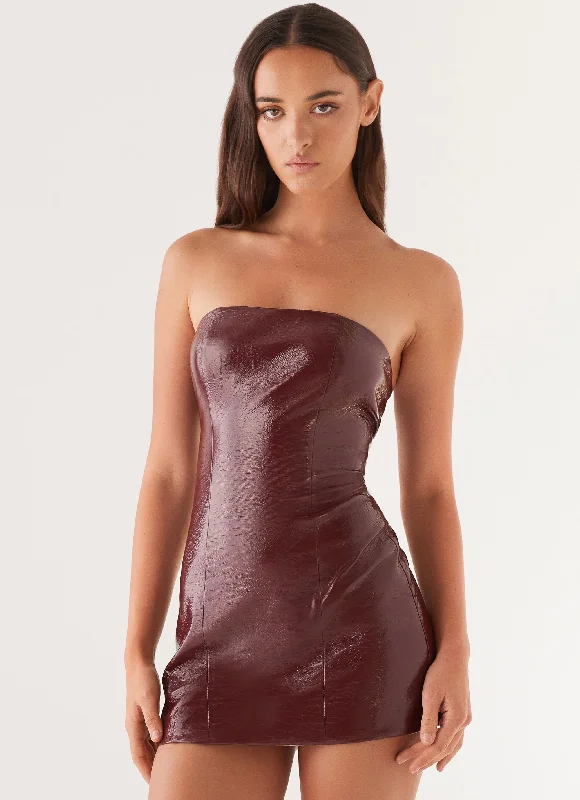 Ruffled party dress-Big Shot Strapless Mini Dress - Merlot