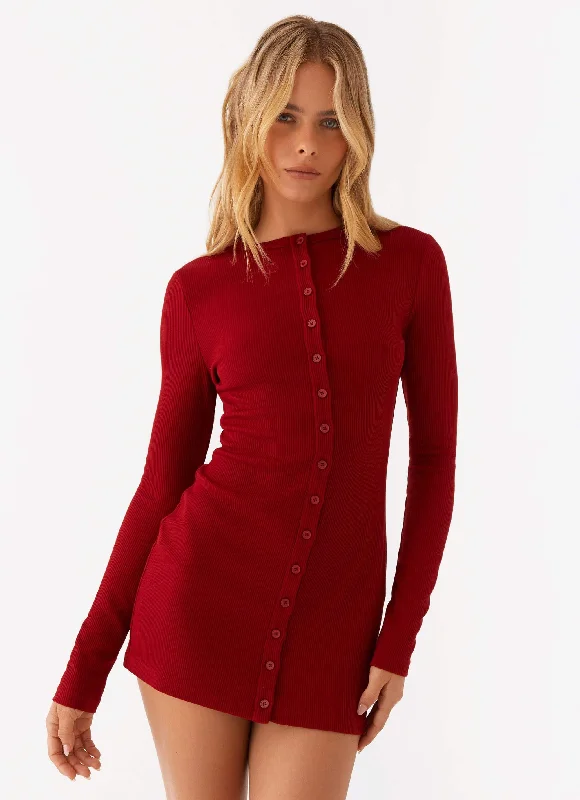 Ruffled party dress-Blair Long Sleeve Mini Dress - Red