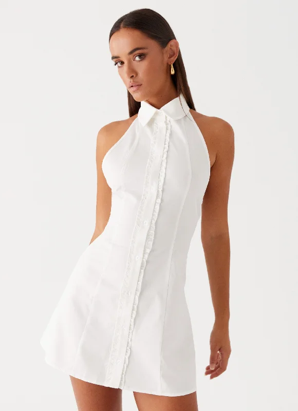 Halter neck party dress-Dallas Collared Mini Dress - White